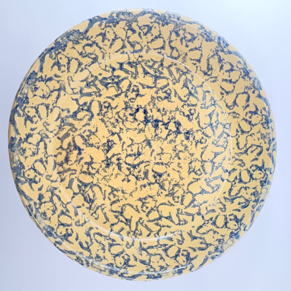 Roseville Pottery Spongeware Pie‎ Plate Blue Tan Stoneware USA Farmhouse 9.5"